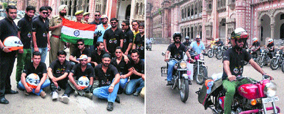 Bikers pose for a photograph; and (right) bikers start their tour after their rally was flagged off in Jammu on Wednesday.