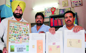 Postage stamps displayed at Bhagwan Valmiki Library, Miller Ganj, in Ludhiana.
