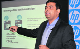 Bharat Kharbanda, country category manager of HP, India, addresses a press conference in Ludhiana on Wednesday.