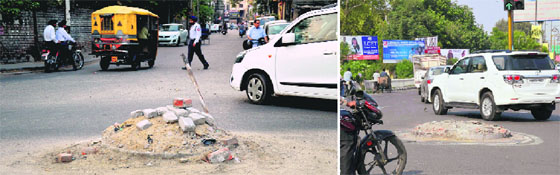 Roundabouts near the Civil Surgeon’s office in Ludhiana; and near the Circuit House on the Ferozepur Road (right) are in a shambles.