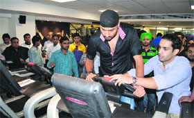 Cricketer Harbhajan Singh at the inauguration of a gym on the Mall Road in Ludhiana on Wednesday.