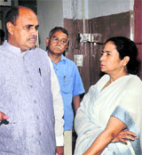 West Bengal CM Mamata Banerjee with JD(U) general secretary KC Tyagi in Kolkata on Wednesday.