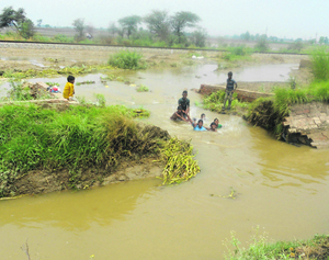 The breached portion of Mauzam canal in Theh Kalandar village on Wednesday.