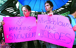 Supporters of Edward Snowden at a rally at the Union Square in New York City