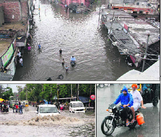 A view of the inundated Sirki Bazar after rains lashed Bathinda on Thursday; a biker crosses the Hanuman Chowk traffic lights amidst showers; and a car makes its way through the flooded Power House Road. 