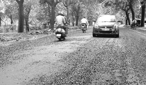 The newly constructed road that was damaged after rain at Phase I in Mohali on Thursday.