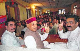 Ex-Chief Minister PK Dhumal during an election campaign at Drang in Mandi on Thursday