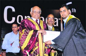 R Chidambaram, Principal Scientific Adviser in the PMO, gives a degree to a student at a convocation at NIT in Hamirpur on Thursday