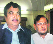 Former BJP president Nitin Gadkari after a meeting with NDA convener and Janata Dal (U) chief Sharad Yadav at his residence in New Delhi on Thursday.