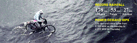 A cyclist pedals through a waterlogged street in Ludhiana on Thursday.