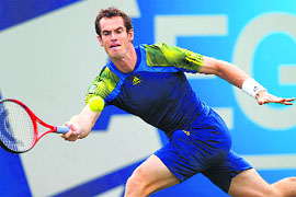 Andy Murray hits a return during his match against Nicolas Mahut at the Aegon Championships on Thursday. 