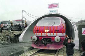 A train leaves from the railway station at Qazigund, 72 km from Srinagar, as part of its 17-km trial run between Qazigund and Banihal