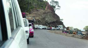 A view of the traffic jam on the Jammu-Srinagar National Highway after an Army truck rolled down near Chenani