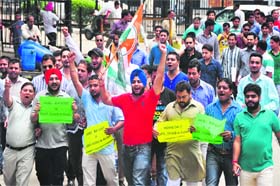 New district BJYM president Harsh Sharma with his supporters after his election in Ludhiana on Friday
