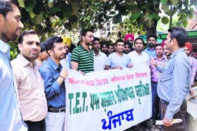 Members of the TET Berojgar Adhyapak Union, Punjab, at Chatar SIngh Park in Ludhiana on Friday