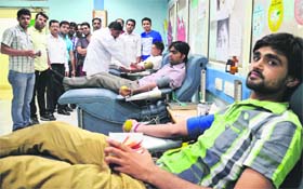 A blood donation camp, organised by the Zindagi Live Foundation, under way at the CMCH in Ludhiana