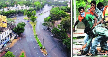 A view of deserted roads during the Chalo Assembly protest; (and right) pro-Telangana students resort to stone throwing at Osmania University in Hyderabad on Friday
