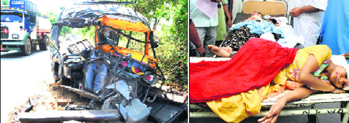 (From left) The damaged autorickshaw lying on the roadside at Wajidpur village in Patiala; two of the injured at the Rajindra Hospital on Friday.