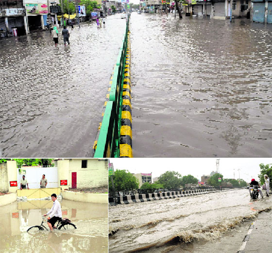 The five-hour-long spell of rain in Bathinda on Saturday inundated the city. A view of the the Mall road (above) and the Goniana-Bathinda road (below right) where waterlogging took place. The road outside the SSPs residence too was inundated.