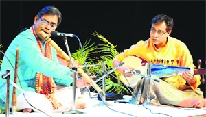 Manab Mukherjee and Kaushik Mukherjee perform during the summer festival at Tagore Theatre in Chandigarh on Saturday.