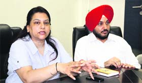 Neerza Mayor and Principal JS Hundal of Mayor World School address mediapersons in Jalandhar on Saturday