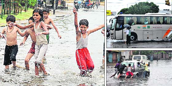 Boon for Some, Bane for others: (Clockwise from left) Children enjoy the rain; Indo-Pak bus diverted towards the city via Football Chowk owing to traffic jam on Jalandhar-Amritsar highway due to heavy rains; youth push a car which got stuck on a submerged Basti Bawa Khel road in Jalandhar on Saturday