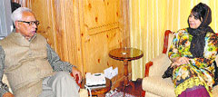Governor NN Vohra with PDP president Mehbooba Mufti at Raj Bhawan in Srinagar on Saturday. A Tribune photograph
