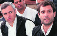 AICC vice-president Rahul Gandhi with Chief Minister Omar Abdullah at the launch of Umeed scheme for women at Budgam on Saturday. Tribune photo: Amin War