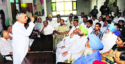 Former Railway Minister Pawan Kumar Bansal addresses party workers at the Congress Bhavan in Chandigarh on Sunday