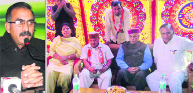 (Left) Sukhvinder Singh Sukhu; and (right) Former Chief Minister PK Dhumal at Karsog in Mandi on Sunday. 