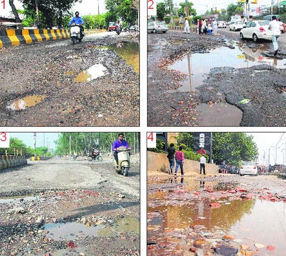 1 Broken Ladowali road near Alaska Chowk; 2 big potholes near PAP Chowk on the Jalandhar-Amritsar National Highway; 3 a damaged road leading to Gurunanak Pura level crossing; 4 a broken road near BMC Chowk in Jalandhar