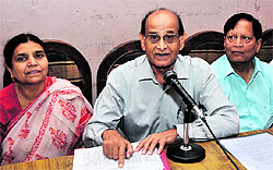 Lalit Magrota, president, Dogri Sanstha, addresses mediapersons in Jammu on Sunday