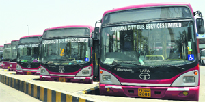 Low-floor city buses in Ludhiana. 