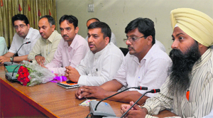 The BJYM members during a press conference at the Circuit House in Ludhiana on Sunday. 