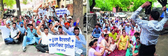 (Left) Members of Veterinary Inseminators Union on their way to the Deputy Commissioners office to submit a memorandum in Bathinda on Monday; members of the PWD Water Supply & Sanitation Ministerial Staff Association also staged a dharna in support of their demands.