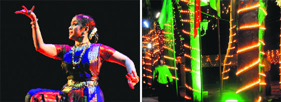Ananda Shankar Jayant performs during the summer festival; and (right) the illuminated Tagore Theatre in Chandigarh on Monday.