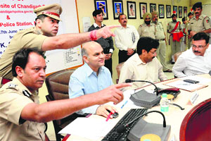 Police officials at the relaunch of the UT police website in Chandigarh on Monday.