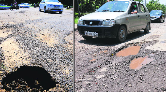 A damaged road near the Sector 40/41 roundabout in Chandigarh; and (right) A potholed road separating Sector 11 and Sector 12 in Chandigarh.