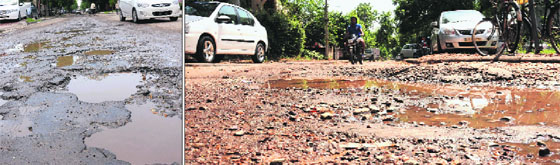 A potholed road at the Industrial Area, Phase II, in Chandigarh; and (right) A damaged road at Sector 24-D in Chandigarh.