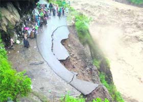A road near Gobind Ghat in Chamoli district which was washed away by landslides and floods on Monday