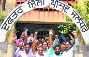 Government pharmacists and employees working in dispensaries protest in front of the District Zila Parishad office in support of their demands in Jalandhar on Monday. 