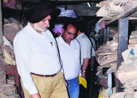 Mayor Harcharan Singh Gohalwaria inspects the record room in MC’s Zone A office, Ludhiana, on Monday