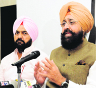 PPCC chief Partap Singh Bajwa addresses mediapersons in Chandigarh on Monday.