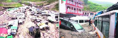A view of the damaged buildings near Kedarnath Dham on Tuesday following incessant rains and floods; and (right) vehicles buried under debris at Gobind Ghat bus stand in Chamoli district. 