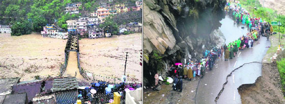 A view of a submerged bridge over the Ganga in Rudraprayag on Tuesday following incessant rains; and (right) Army jawans take care of the stranded tourists and pilgrims at Gobind Ghat in Chamoli district. 
