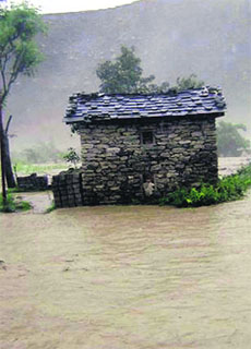A flooded house in the Ghattabagar area of Pithoragarh on Tuesday. 
