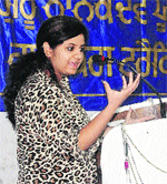 Madhuri Sharma, a legal scholar of Panjab University, Chandigarh, gives a powerpoint presentation in Dalhousie.