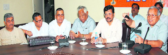 Senior BJP leaders hold a state-level meeting in Jalandhar on Tuesday. Tribune Photo: Malkiat Singh