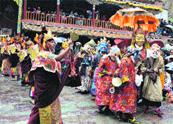 A mask dance being performed on the occasion of Hemis Tse-Chu festival at Hemis Monastery in Ladakh on Tuesday.