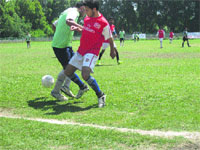 A football match in progress at Polo Ground in Srinagar on Tuesday.